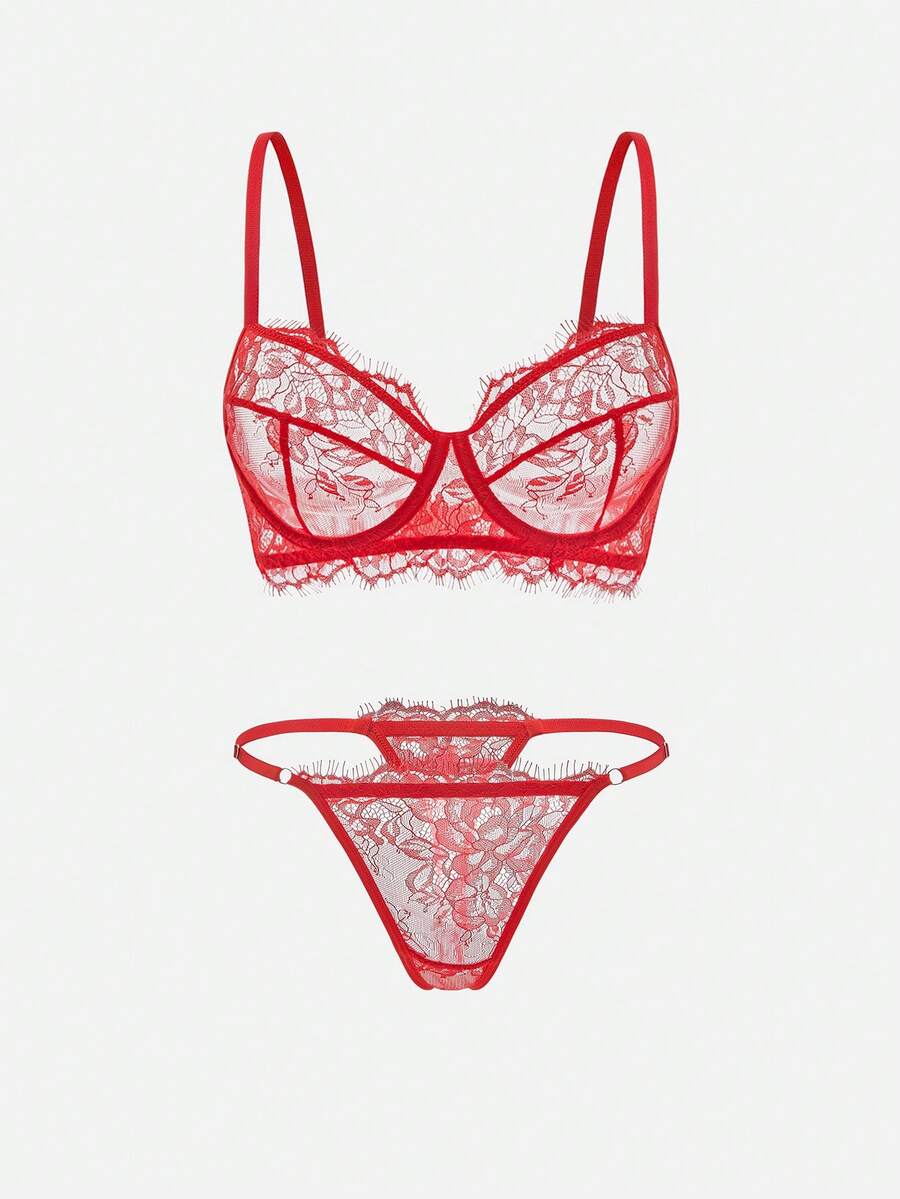 2pcs Set Mature Burgundy Lace Patchwork Lingerie Set - Red - View 1