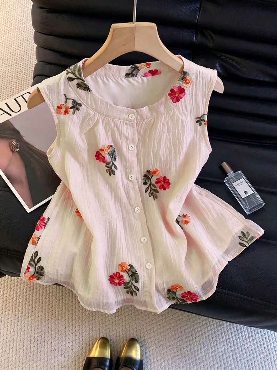 GlowEve 女款花卉印花圓領休閒哥德波希米亞風百搭日常穿著襯衫 派對米白色夏季 - 粉色 - 查看 1