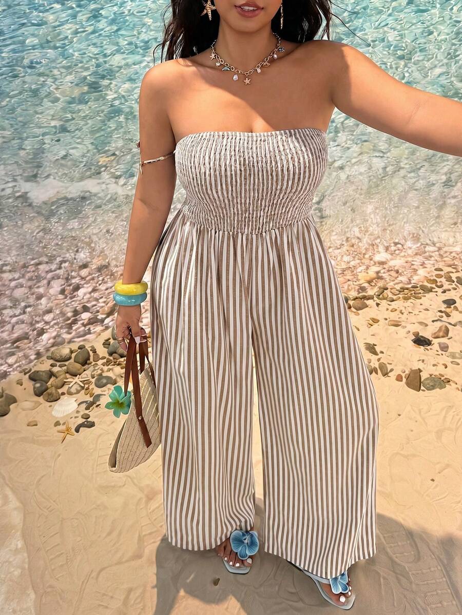 SHEIN EZwear 大尺碼女款白色抓皺平口休閒日常連身褲,適合海灘度假夏季穿著 - 卡其色 - 查看 1