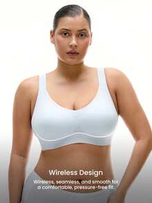 LUVLETTE Plus Dream Curve Air Wireless Full Coverage Seamless Side Support Lounge Bra Bralette Bra No Show Breathable T-Shirt Airy Underwear Workout Sticky Basic Blue Invisible SizeFreedom Bra - Baby Blue - View 3