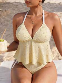 Elaquor Plus Size Contrast Trim Halter Backless Tankini Set Yellow Swimwear For Women Two Pieces Bathing Suit Tops Woman Summer Beach Vacation - Light Yellow - View 7