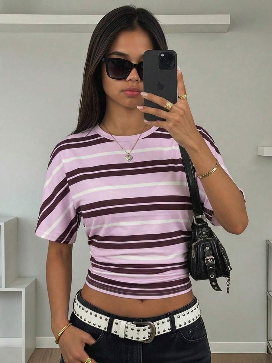 Girlism Áo thun croptop dệt kim in sọc nhún bèo dành cho thiếu nữ, áo tay ngắn casual cho trẻ em và thanh thiếu niên, thích hợp mặc hàng ngày, đi làm, dự tiệc trang trọng, lễ tốt nghiệp, kỳ nghỉ. - Hồng - Xem 1