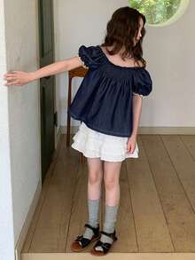 DAZY Áo kiểu tay phồng ngắn, dáng chữ A dễ thương cho bé gái tuổi teen. - Màu xanh hải quân - Xem 7