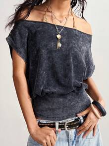 Bohemela Women's Casual Solid Color Knit T-Shirt, Summer Top Night Out Dark Grey - Black - View 2
