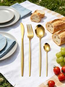 Juego de 12 piezas de utensilios de cocina de acero inoxidable, juego de vajilla para servir en buffet y fiestas - Dorado - Ver 8