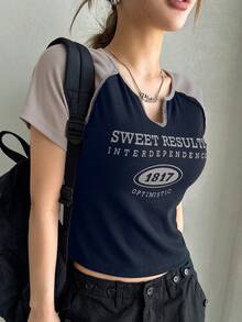 DAZY Letter Graphic Notched Neckline Contrast Raglan Sleeve Crop Tee - Navy Blue - View 1
