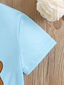 SHEIN Cute Brown Puppy Cartoon Animal Print Casual Basic Blue Short T-Shirt, Comfortable Daily Wear, Suitable For Spring, Summer And Autumn Girls - Blue - View 5