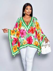 SOLERSUN Women's Summer Beach Vacation Style Tropical Print Loose V Neck Batwing Sleeve Blouse,Resort Tropical Vacations - Green - View 6