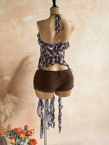Soleia Women's Vacation Casual Plaid Ruffle Backless Halter Top - Multicolor - View 2