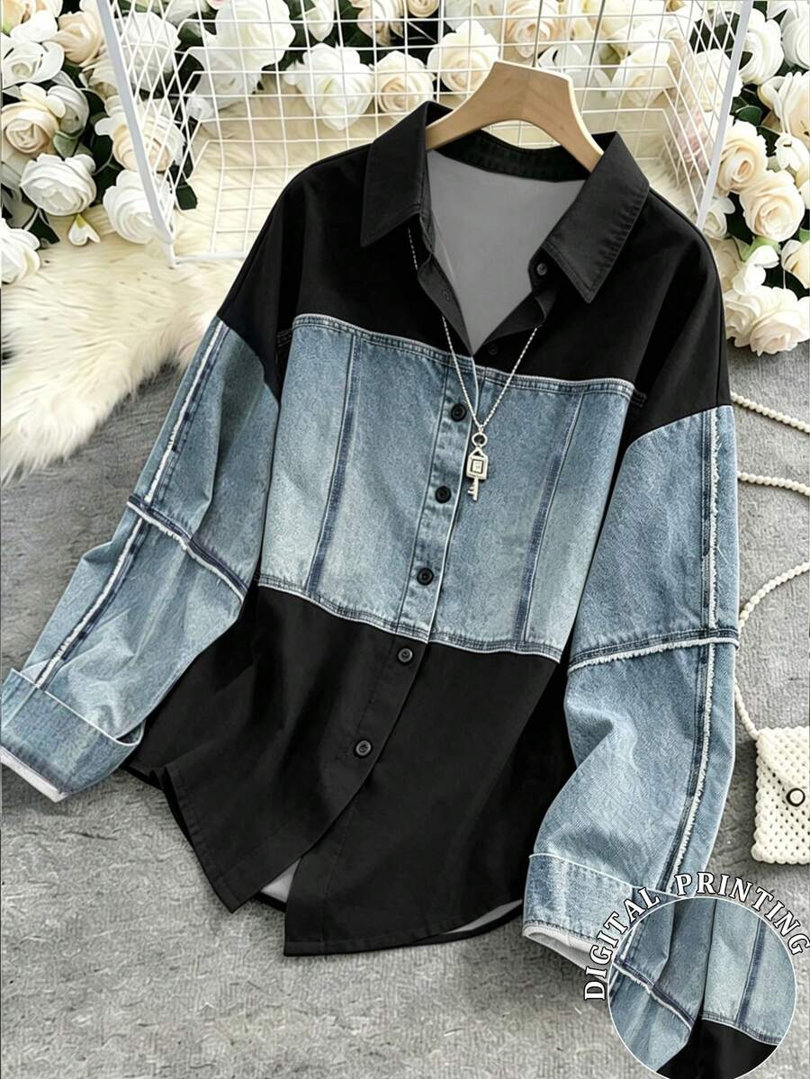 Resyla Camisa casual de manga larga con efecto de estampado de parches de mezclilla para mujer - Multicolor - Ver 1