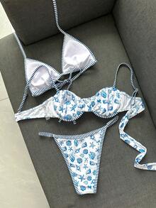 Swim Mod 女士三件套泳衣，夏季沙滩装，荷叶边抹胸比基尼（带钢圈），蓝白海洋元素，贝壳星形印花，条纹印花 - 藍白色 - 查看 2