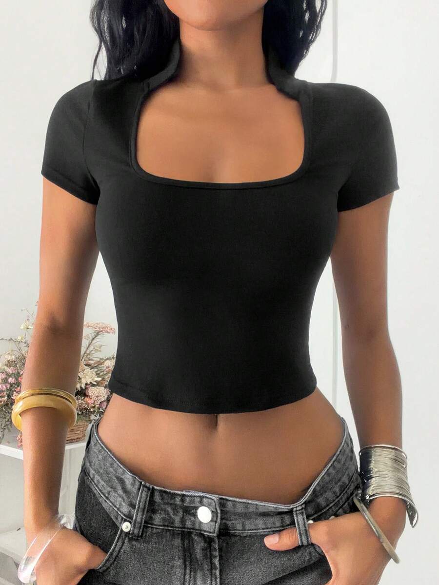 Jeanoix Nueva camiseta de mujer elástica y ajustada con cuello cuadrado sexy y versátil, primavera/verano 2026 - Negro - Ver 1