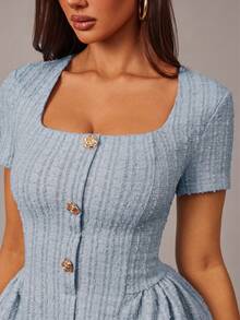 Radiana Women's Tweed Short Sleeve Square Neck Mini Dress Casual Chic Light Blue Button Front Dress For Everyday Style - Blue - View 6