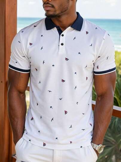 Manfinity Mode Men Allover Print Contrast Trim Half Button Collar Graphic Tropical Funny Polo Formal Shirt, For Golf