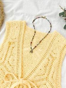 Travachic Áo khoác cardigan mỏng không tay buộc phía trước dành cho nữ, thích hợp cho kỳ nghỉ hè. - Vàng nhạt - Xem 3