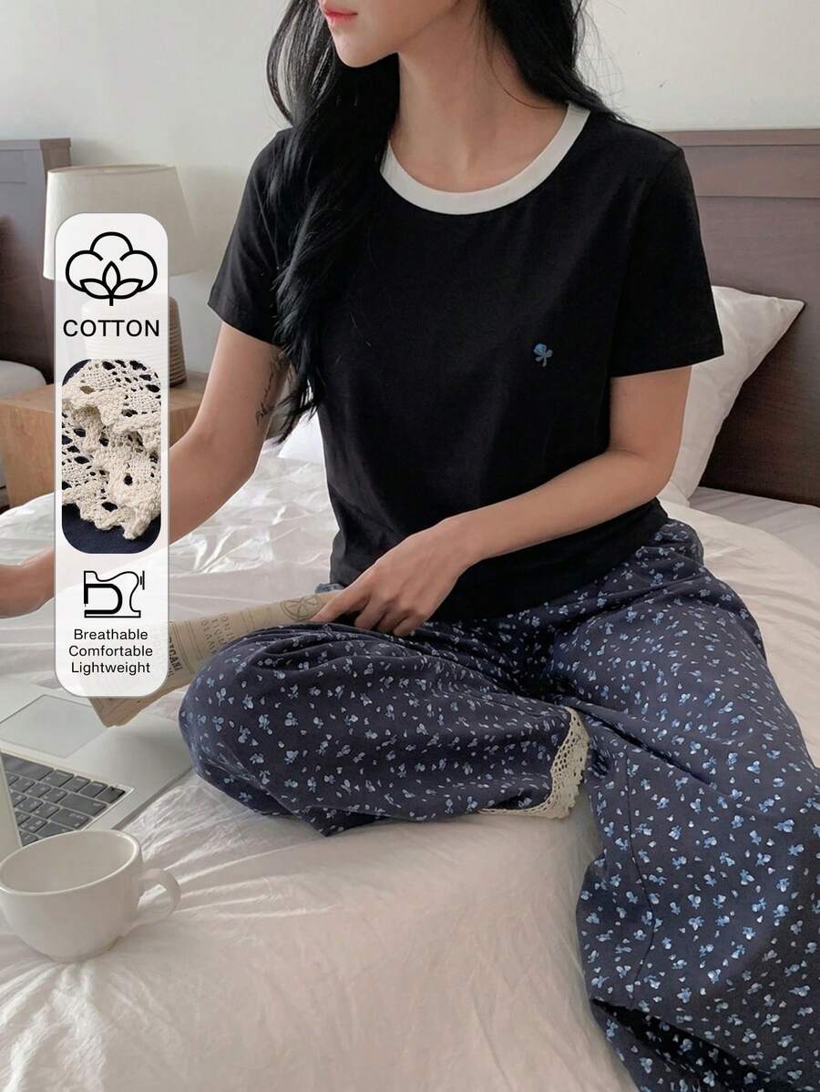 DAZY 2件套女士碎花撞色拼接短袖T恤和直筒长睡裤夏季睡衣套装 - 黑色 - 查看 1