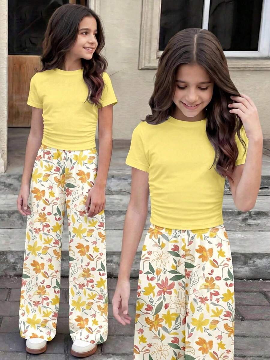 Tween Girl Spring/Summer Fashion Beach Vacation Solid Color Ruffle Cropped Short Sleeve T-Shirt And Floral Print Wide Leg Pants Set - Multicolor - View 1