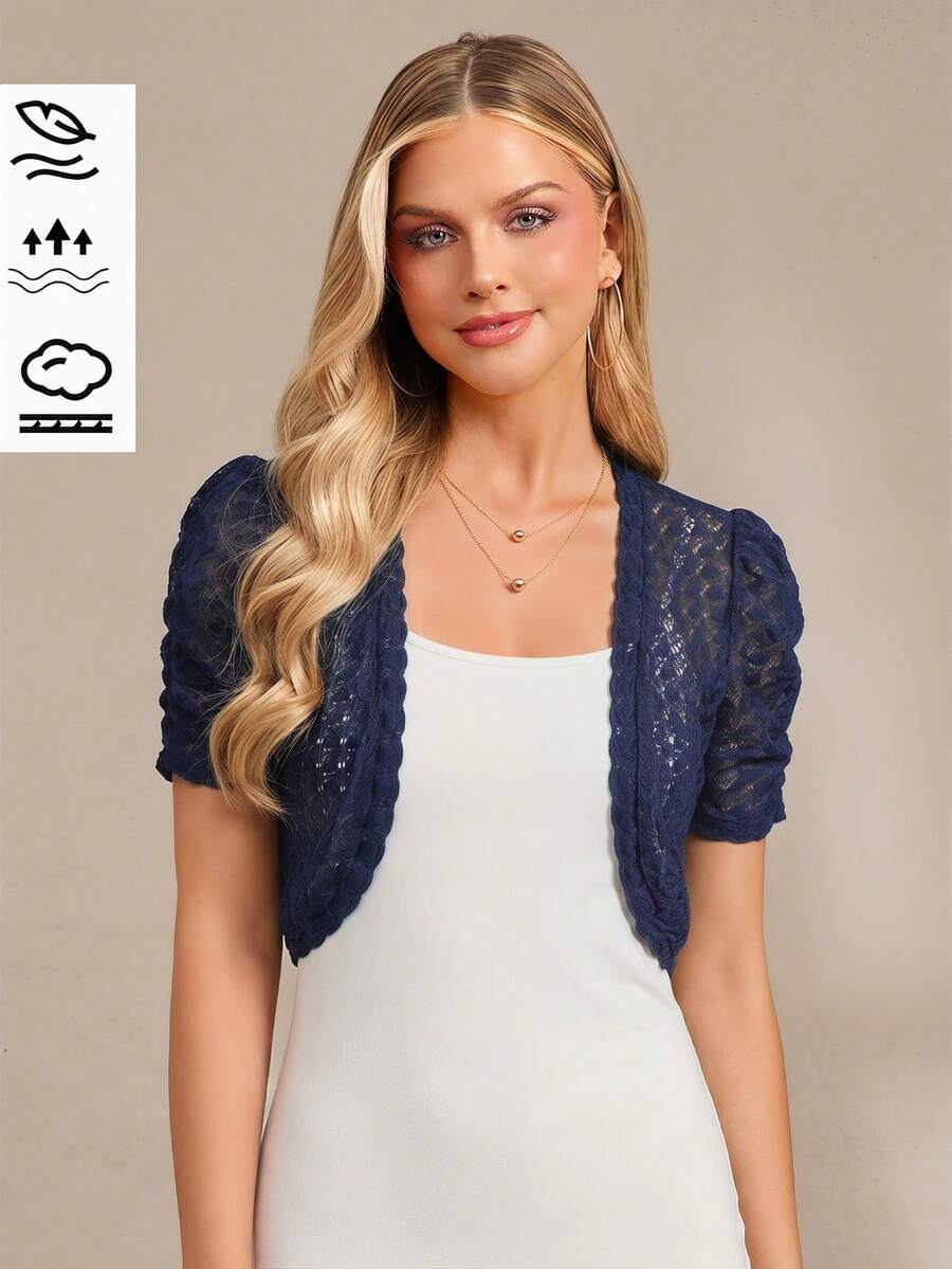 Amorya Women's Elegant Lace Short Sleeve Open Front Short Lightweight Jacket, Suitable For Daily Commute And Versatile Wear, Autumn/Winter - Navy Blue - View 1