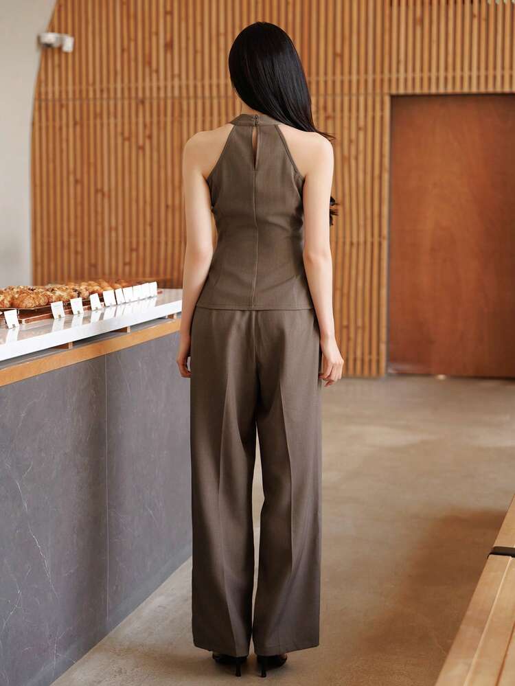 2pcs/Set Women's Casual City Style Camisole Top And Straight Leg Pants, Suitable For Spring And Summer Office Wear