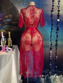 4pcs Sexy Lace Short Sleeve Lingerie Set - Burgundy - View 2
