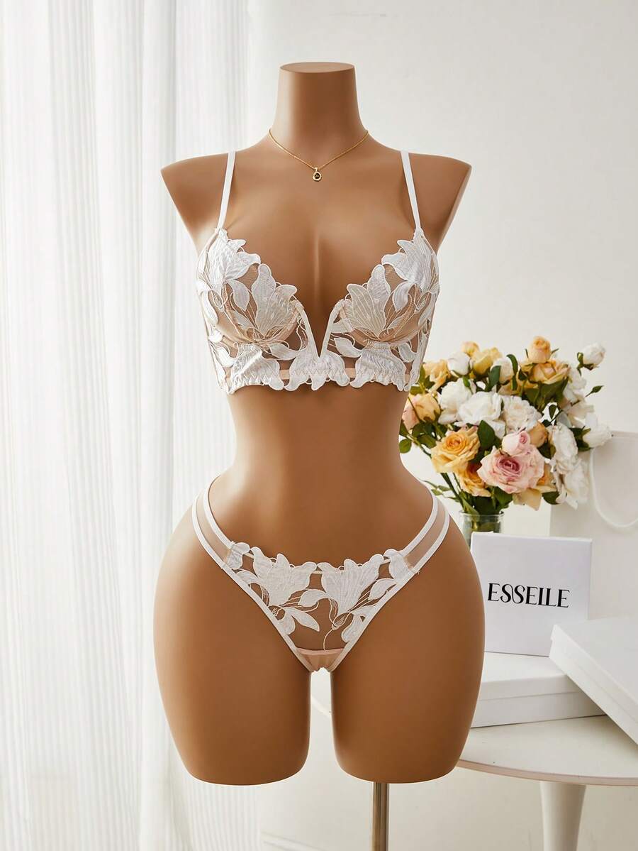 Esselle Bộ 2 chiếc áo ngực và quần lót gợi cảm cổ điển của Pháp - trắng - Xem 1