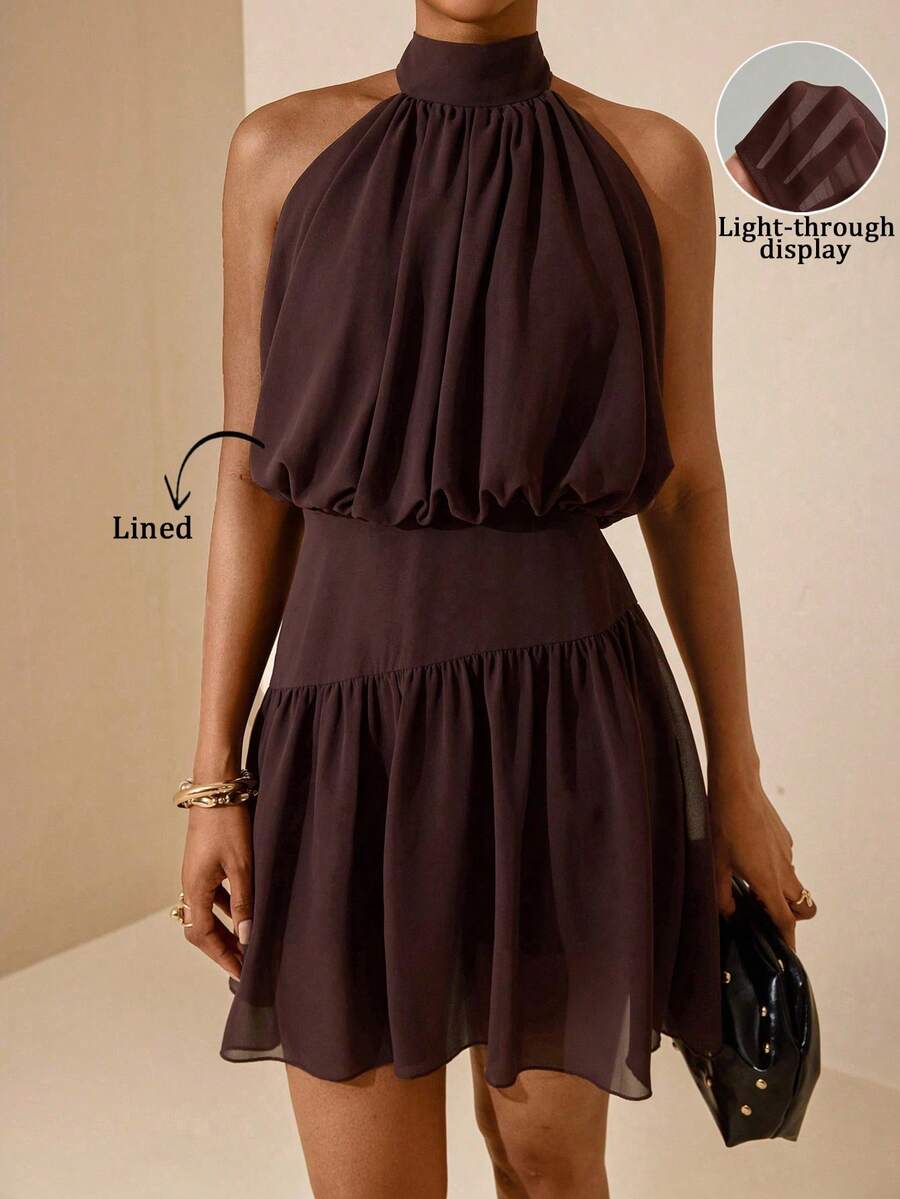 Vesra Vestido corto de mujer sin mangas con cuello de halter de gasa - Marrón Chocolate - Ver 1