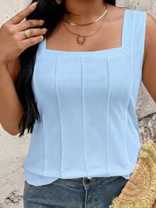 EMERY ROSE Plus Size Square Neck Tank Top, Vertical Pleats Design Flatters Figure, Loose & Comfortable Fit, Friendly Shoulder Straps - Blue - View 7