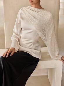 Graceveil Elegant Commuter Satin Lace Shawl Collar Long Sleeve Fitted Shirt - Apricot - View 6