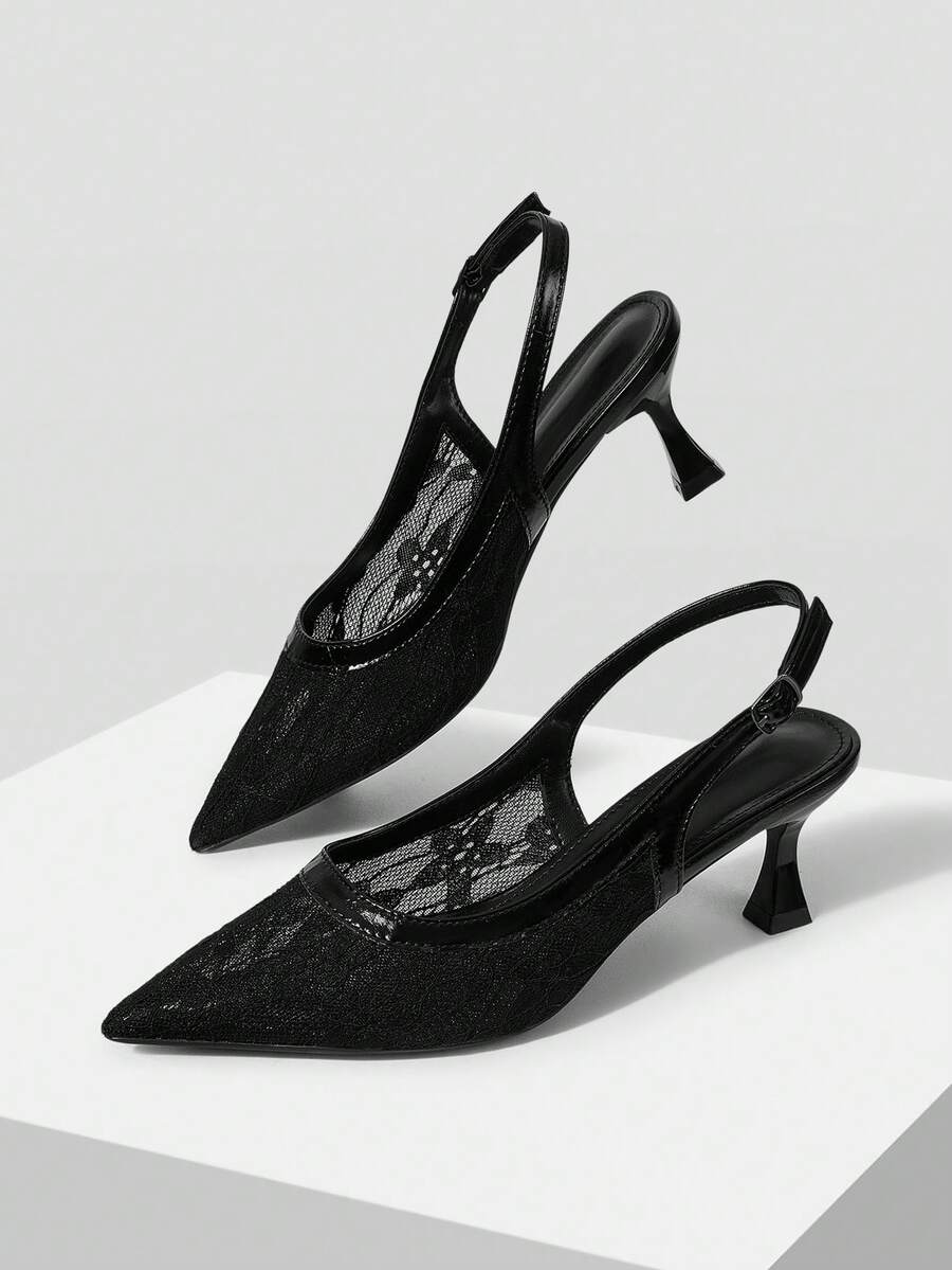 Mnmlis Women's Lace Mesh Breathable, Suitable For Daily Wear, Casual Commuter Pointed High Heels - Black - View 1