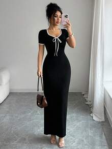 Elenzga Đầm dài tay ngắn ôm dáng, thanh lịch, lãng mạn màu mơ, cổ tim, thắt nơ ở eo, dành cho nữ, thích hợp cho mùa xuân/hè. - Đen và trắng - Xem 7