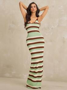 SHEIN Tall Đầm dệt kim móc mới cho nữ mùa xuân/hè, đầm nghỉ mát kiểu bohemian kẻ sọc hở lưng chéo, đầm thanh lịch dành cho quý cô. - Nhiều màu - Xem 1