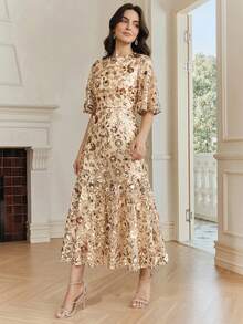 Anewsta Vestido de manga corta con volantes de malla floral azul marino, adornado con lentejuelas, adecuado para fiestas, citas, ropa de resort, atuendos de primavera/verano - Dorado - Ver 4