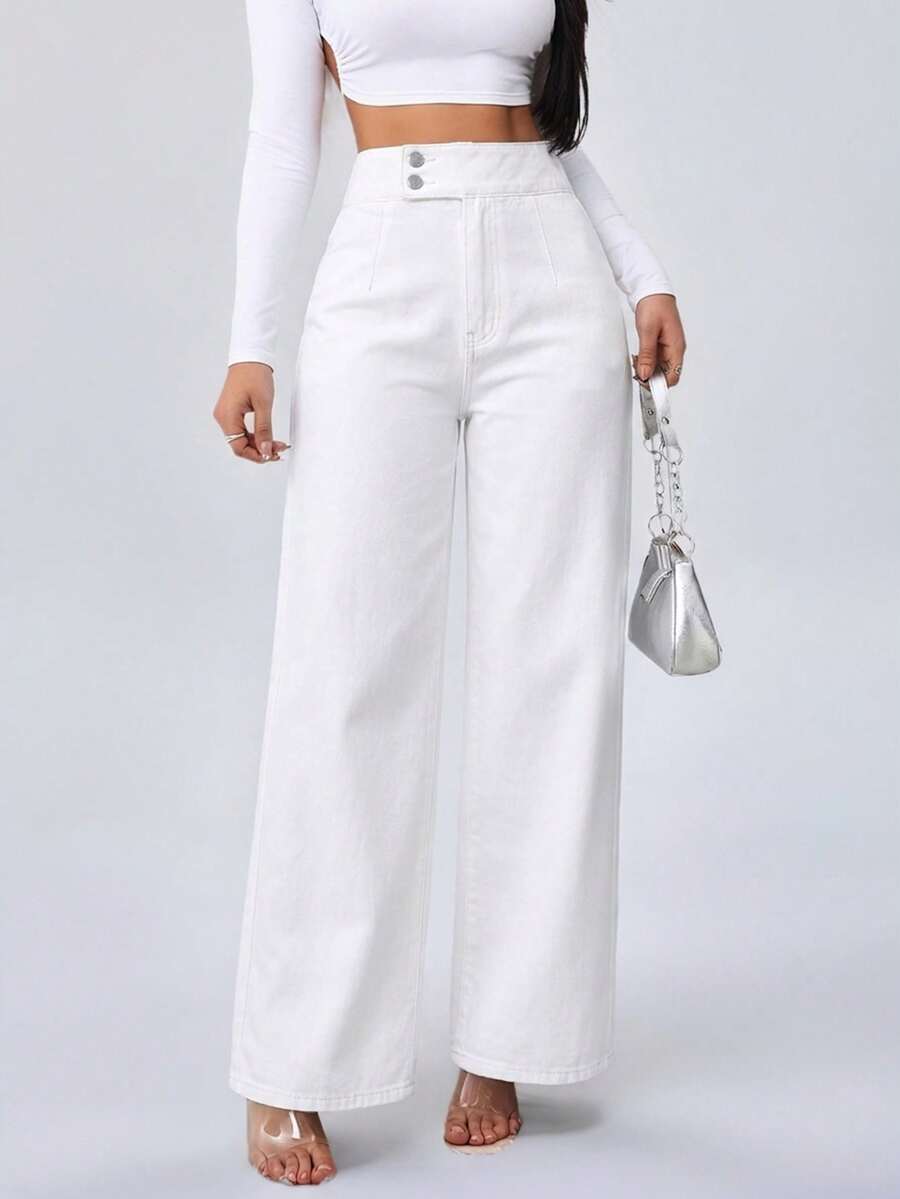 SHEIN Tall 女士高腰休闲宽松阔腿牛仔裤蓝色直筒裤高个女式牛仔裤女士牛仔裤妈妈牛仔裤 - 白色 - 查看 1