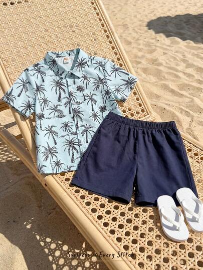 Cozy Pixies Young Boys Tropical Plant Print Polo Shirt And Shorts Set, Casual Loose Comfortable Woven Polo Shirt With Palm Tree Print, Solid Blue Shorts, Suitable For Spring/Summer, Vacation And Daily Wear