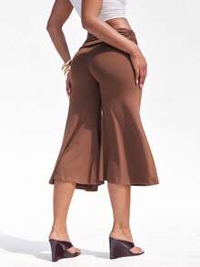 Denimoi Fold Over Waist Guacho Pants Solid Color Culottes Summer Vacation Outfits Y2K Fashionable - Brown - View 2