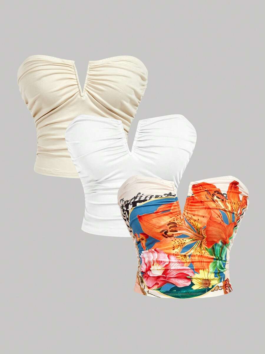 SHEIN MOD 3件套加大码女式深V领褶皱吊带背心，夏季服装，夏季背心，优雅独特 - 彩色 - 查看 1