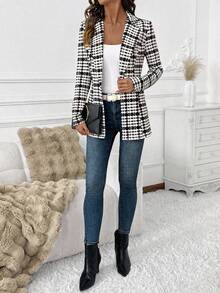 SHEIN Clasi Women's Elegant Plaid Blazer Jacket, Versatile Long Sleeve Blazer For Commuting, Classic Checkered Outerwear For Autumn - Brown - View 3