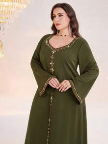 Al Najma Plus Size Women's Rhinestone Embellished Elegant Arabic Style Evening Dress For Party - Army Green - View 8