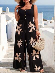 Linhara CURVE Mono de verano sin mangas con estampado floral y parches, para vacaciones en la playa, talla grande - Negro - Ver 1