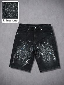 Manfinity Denimwave 男士街头风火焰水钻水洗黑色直筒牛仔短裤 - 黑色 - 查看 1
