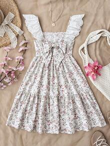 Pitira Tween Girls Ditsy Floral Spaghetti Strap Mid-Length Dress, Fitted Ruffle Sleeve Backless Bow Collar Textured Dress, Suitable For Spring And Summer - Multicolor - View 2