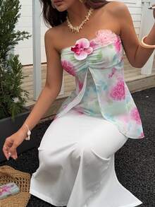 Cévolie Women's Floral Strapless Top With 3D Flowers,White,Summer,Tropical,Garden Party Golf,Holiday,Vacation,Fitted French Sweet Casual Sexy Top - Multicolor - View 6