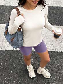 Muchica Women's Casual Solid Color Raglan Sleeve Sports White Long Sleeve T-Shirt, Versatile - Apricot - View 2