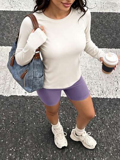 Muchica 女式休闲纯色插肩袖运动白色长袖 T 恤，百搭