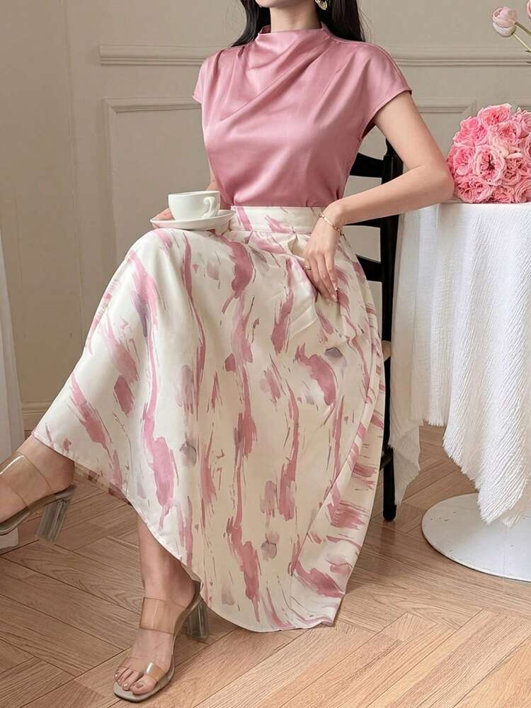 Women's Elegant Solid Color Halter Top And Colorblock Floral A-Line Skirt 2-Piece Set, Summer