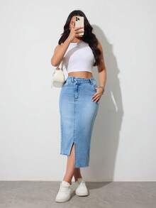 SHEIN Tall 女士高腰开衩牛仔中长裙，休闲夏季优雅外出穿搭，时尚百搭，带口袋，拉链设计，不对称下摆，夏季牛仔裙 - 淺色水洗藍 - 查看 6