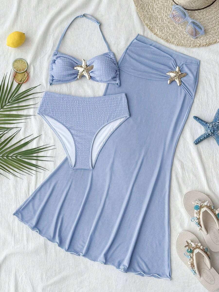 SHEIN Bộ bikini 3 mảnh màu xanh hình sao biển có cúc kim loại dành cho bé gái tuổi teen, thích hợp cho kỳ nghỉ biển, bộ đồ bơi đi biển cho bé gái. - Màu xanh lam - Xem 1