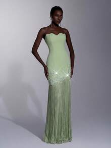 Elitara Elegant Formal Queen Sage Green Wavy Knit Patchwork Long Dress Handmade Beaded Tassel Floral Decor Party Prom Vow Wedding Winter - Green - View 1