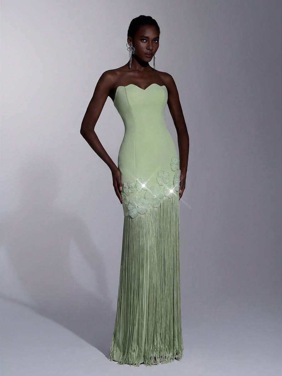 Elitara Elegant Formal Queen Sage Green Wavy Knit Patchwork Long Dress Handmade Beaded Tassel Floral Decor Party Prom Vow Wedding Winter - Green - View 1