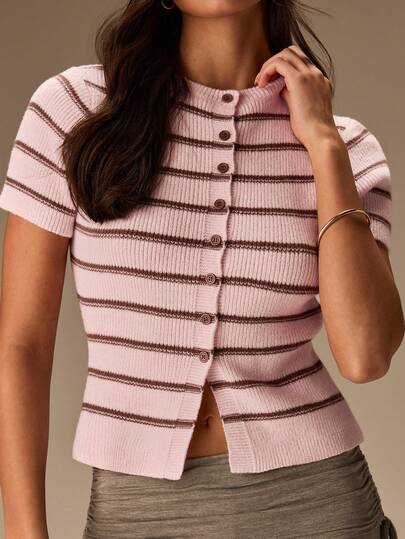 Athîral Women's Casual Striped Ribbed Knit Button-Through Fitted Short Sleeve Top, Comfortable & Cute Casual Pink & Coffee Club, Everyday Wear